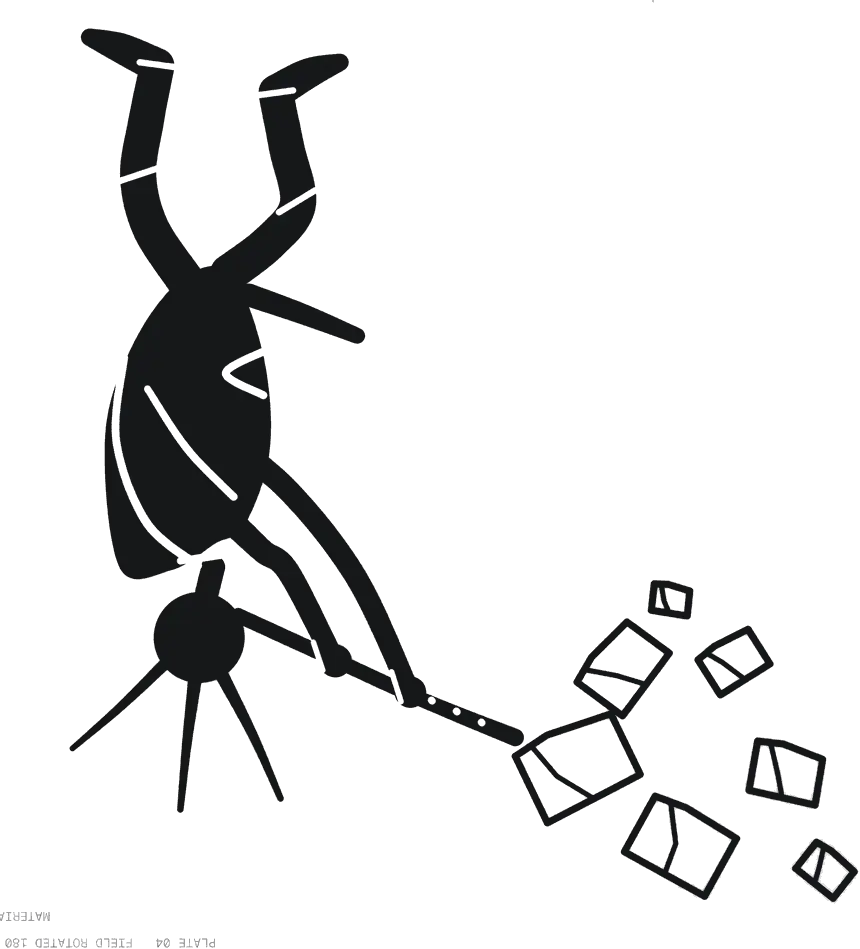 Plate 04, printed upside down on purpose: a figure sweeping loose blocks across an empty field.